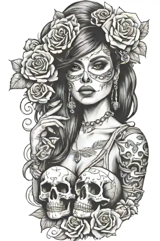 candy skull chicano gangster woman style sleeve tattoo tattoo design idea
