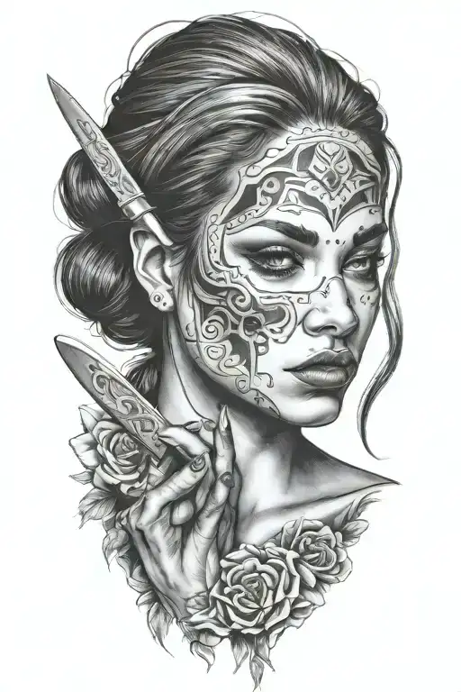 sexy woman cutting her face with a knife tattoo design idea