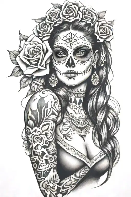 candy skull chicano gangster woman style sleeve tattoo tattoo design idea