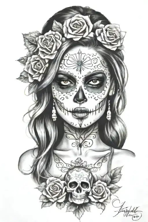 Day of the Dead sexy woman surrounded by cash guns and roses tattoo design idea
