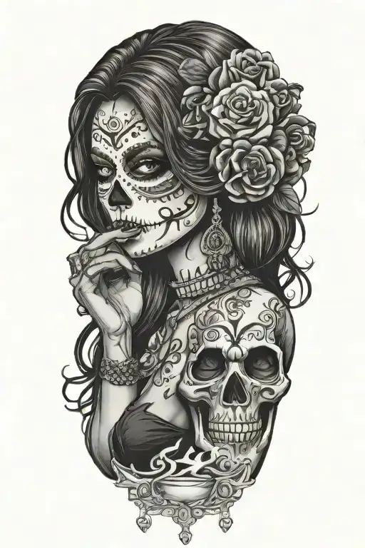 sexy woman wit el dia de los muertos skull drinking scotch and smoking tattoo design idea