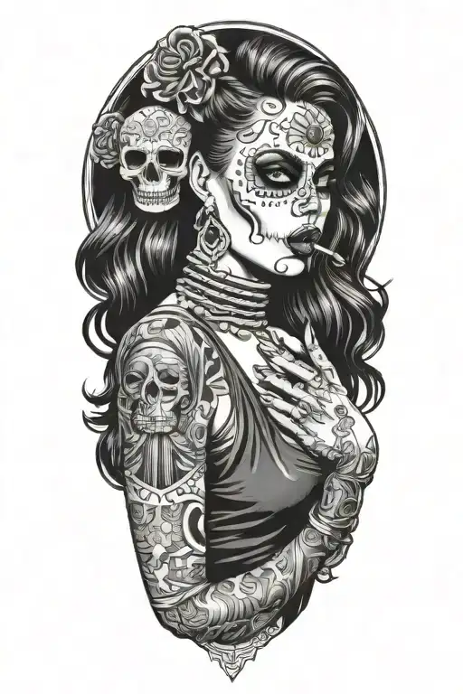 sexy woman with candy skull blowing smoke rings tattoo design idea