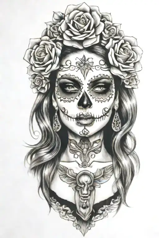 sexy woman candy skull face tattoo design idea