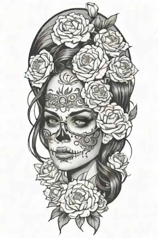 sexy woman with glasses candy skull surrounded by peonies tattoo design idea