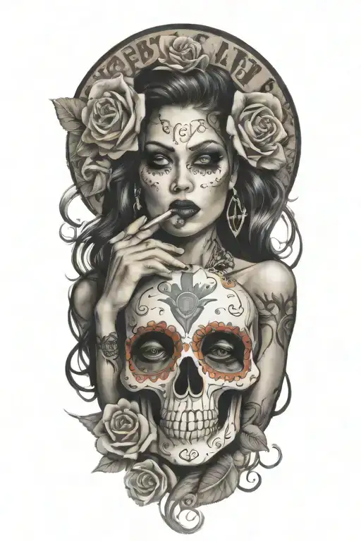 sexy woman with candy skull blowing smoke rings tattoo design idea