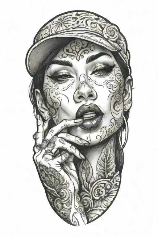 sexy woman licking on middle finger tattoo design idea