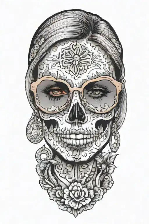 sexy woman with sunglasses candy skull cutting its own tattoo design idea