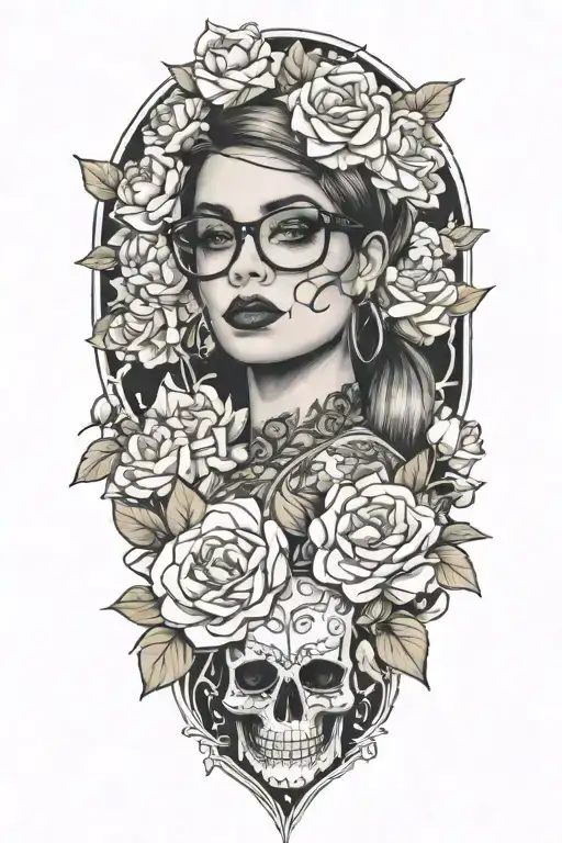 sexy woman with glasses candy skull surrounded by peonies tattoo design idea