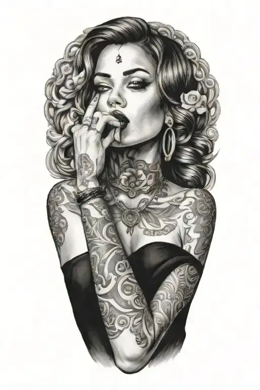 sexy woman holing fingers  on her lips like kissed tattoo design idea