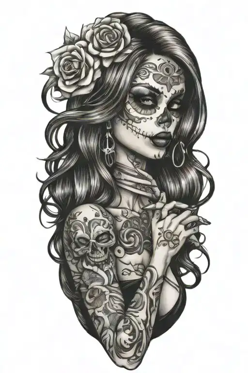 sexy woman with candy skull blowing on finger tattoo design idea