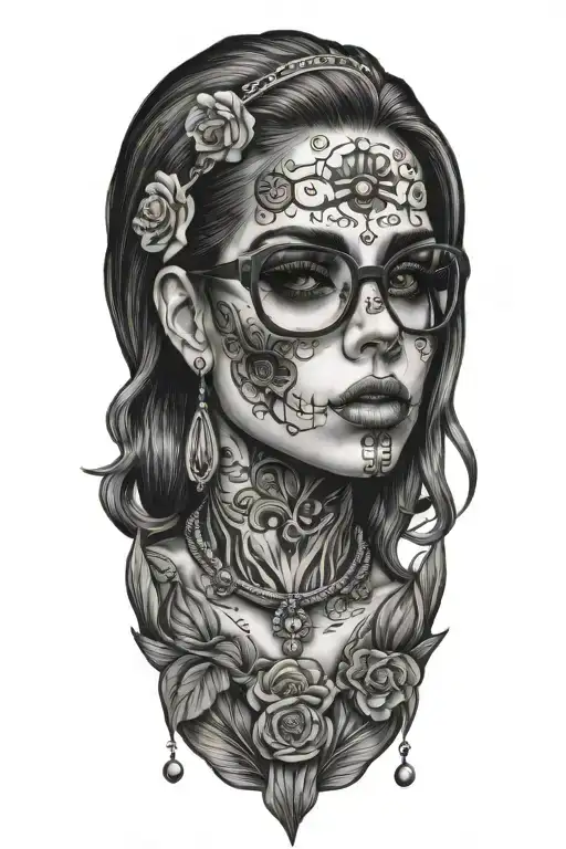 sexy woman with nerd glasses candy skull  tattoo design idea