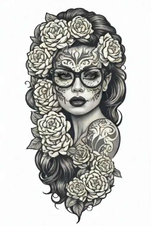 sexy woman with glasses candy skull surrounded by peonies tattoo design idea