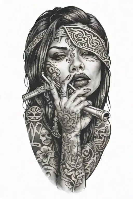 sexy woman holing fingers like a gun on her lips like kissed tattoo design idea