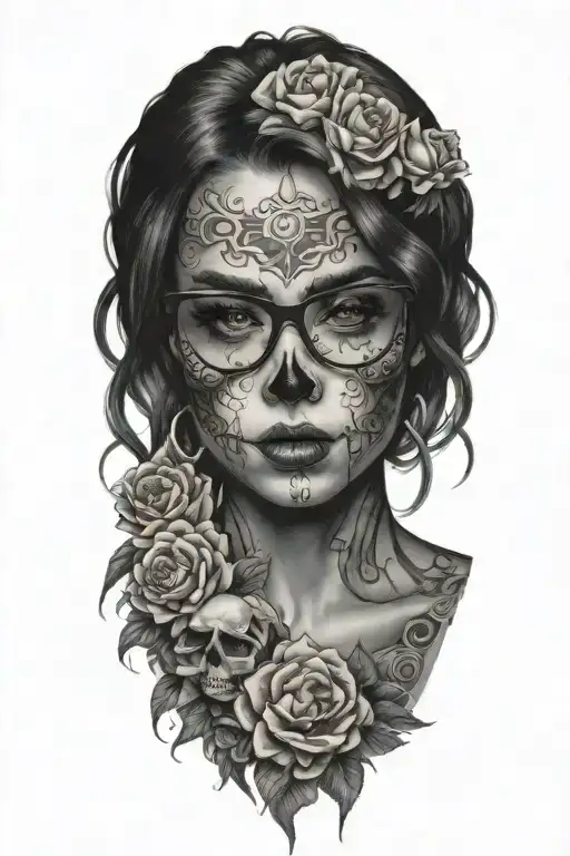 sexy woman with glasses candy skull surrounded by peonies tattoo design idea