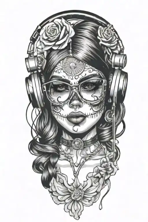 sexy woman with pilot glasses candy skull wearing headphones tattoo design idea