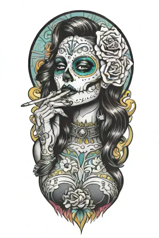 sexy woman el dia de los muertos fingers on lips blowing colorful smoking tattoo design idea