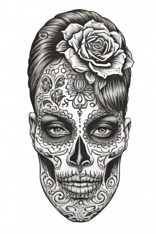 sexy woman day of the dead skull face fingers on lips tattoo design idea