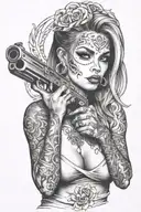 sexy woman with gangster tattoos in her face holding a gun tattoo design idea