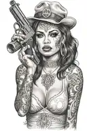 sexy woman with gangster tattoos in her face holding a gun tattoo design idea