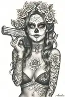 Day of the Dead sexy woman surrounded by cash guns and roses tattoo design idea