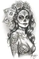 Day of the Dead sexy woman surrounded by cash guns and roses tattoo design idea