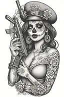 candy skull chicano gangster woman style sleeve tattoo holding a gun tattoo design idea