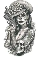 candy skull chicano gangster woman style sleeve tattoo holding a gun tattoo design idea