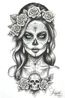 Day of the Dead sexy woman surrounded by cash guns and roses tattoo design idea