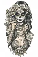 Day of the Dead sexy woman surrounded by cash guns and roses tattoo design idea