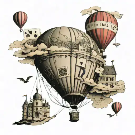 Hot air balloon made out of playing cards flying over clifton sus[ension bridge tattoo design idea