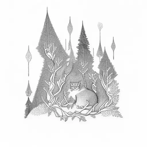 A mystical forest scene with colorful paintbrushes intertwined with branches and a cat peeking out from behind a tree tattoo design idea