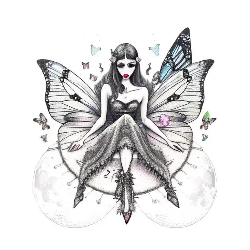 A gothic fairy sitting on a moon, surrounded by butterflies and holding a dagger tattoo design idea