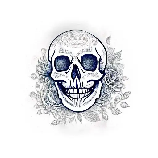 A realistic skull adorned with intricate floral patterns and a dagger through it tattoo design idea