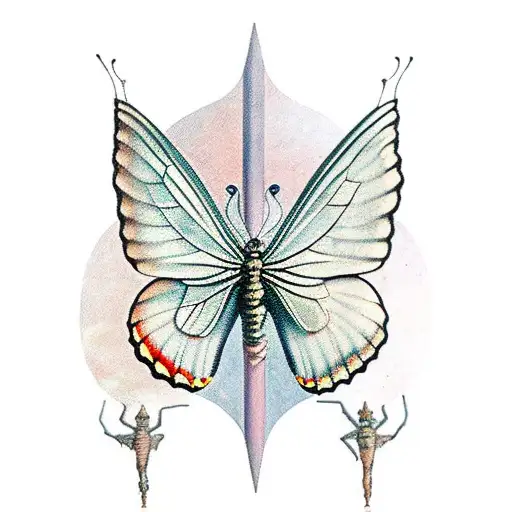 A mystical antique tarot card surrounded by delicate butterfly wings tattoo design idea