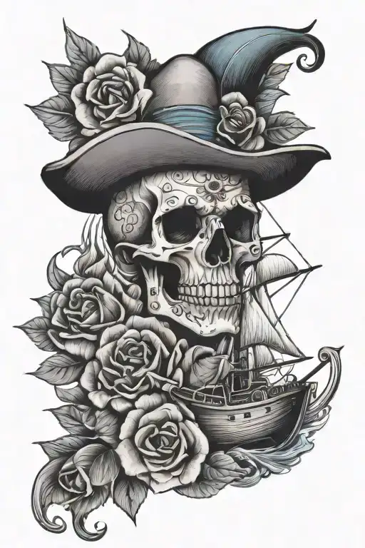 blue nose boat sailing with skull and flowers tattoo design idea