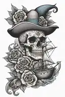blue nose boat sailing with skull and flowers tattoo design idea