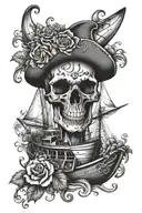 blue nose boat sailing with skull and flowers tattoo design idea