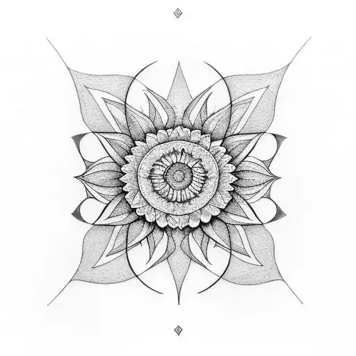 A graphic design-inspired tattoo showcasing a geometric sunflower with intricate patterns and gradients tattoo design idea