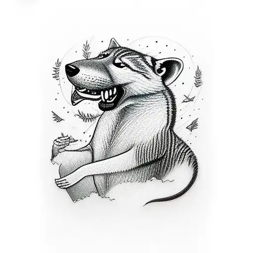 full body thylacine in gray/black scale in american traditional tattoo design idea