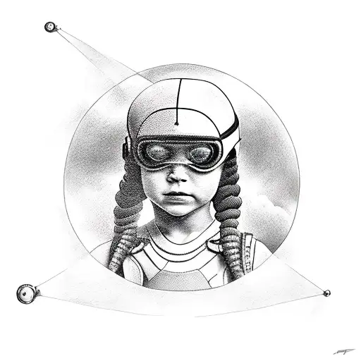 little girl in a wetsuit and diving helmet with air supply system  tattoo design idea