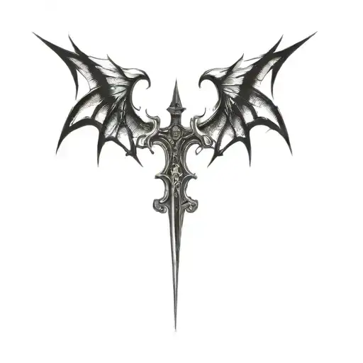 the logo of a black metal band and a medieval sword between a sharp heart shape tattoo design idea