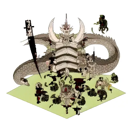 dragons, skulls, weapons and snakes tattoo design idea