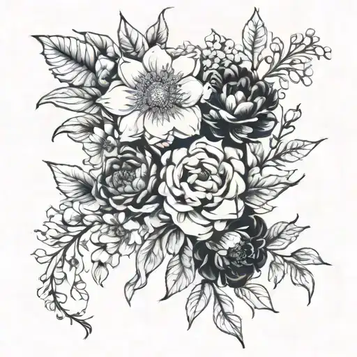 Hawthorn flower, Rose, aster flower, marigold flower, peony flower, and narcissus flower tattoo sleeve in black/white tattoo design idea