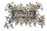 FAMILIA WITH BIRTH MONTH FLOWERS APRIL,OCTOBER,MAY,AND FEBRURARY BEHIND LETTERING tattoo design idea