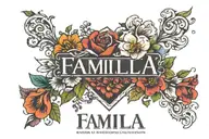 FAMILIA WITH BIRTH MONTH FLOWERS APRIL,OCTOBER,MAY,AND FEBRURARY BEHIND LETTERING tattoo design idea