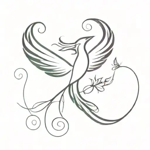 An enchanting minimalist tattoo of a phoenix and butterflies intertwined, symbolizing rebirth and transformation in a magical way. tattoo design idea