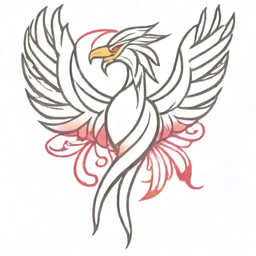 A minimalist red or fuchsia colored tattoo design of a phoenix rising from the ashes, symbolizing personal growth and empowerment. tattoo design idea
