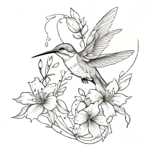 humming bird drinking from wild flowers tattoo design idea