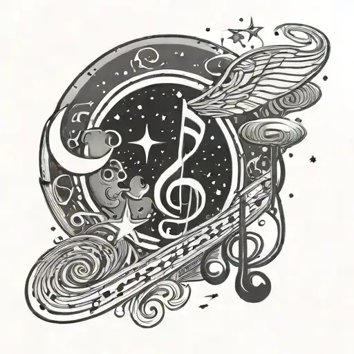 A celestial scene of stars and UFOs forming a cosmic music note, symbolizing the client's love for music and the unknown tattoo design idea