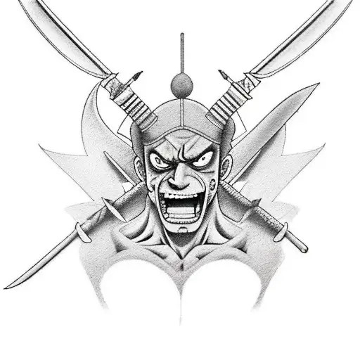 Realistic depiction of Zoro's iconic three-sword fighting style tattoo design idea